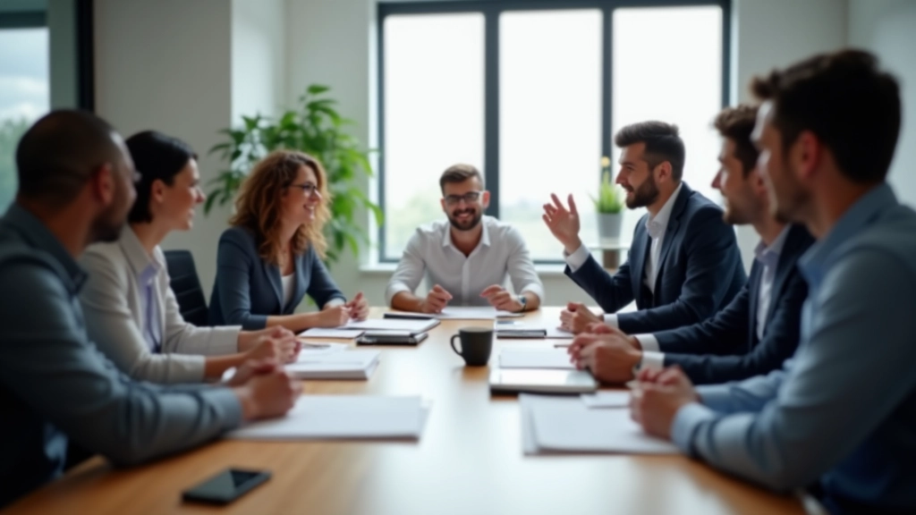 Team meeting room with professionals discussing chatbot implementation strategy around a conference table