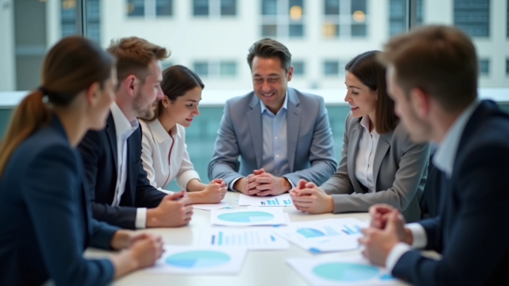 Team members at a meeting table reviewing adoption statistics and growth metrics on printed reports and digital displays
