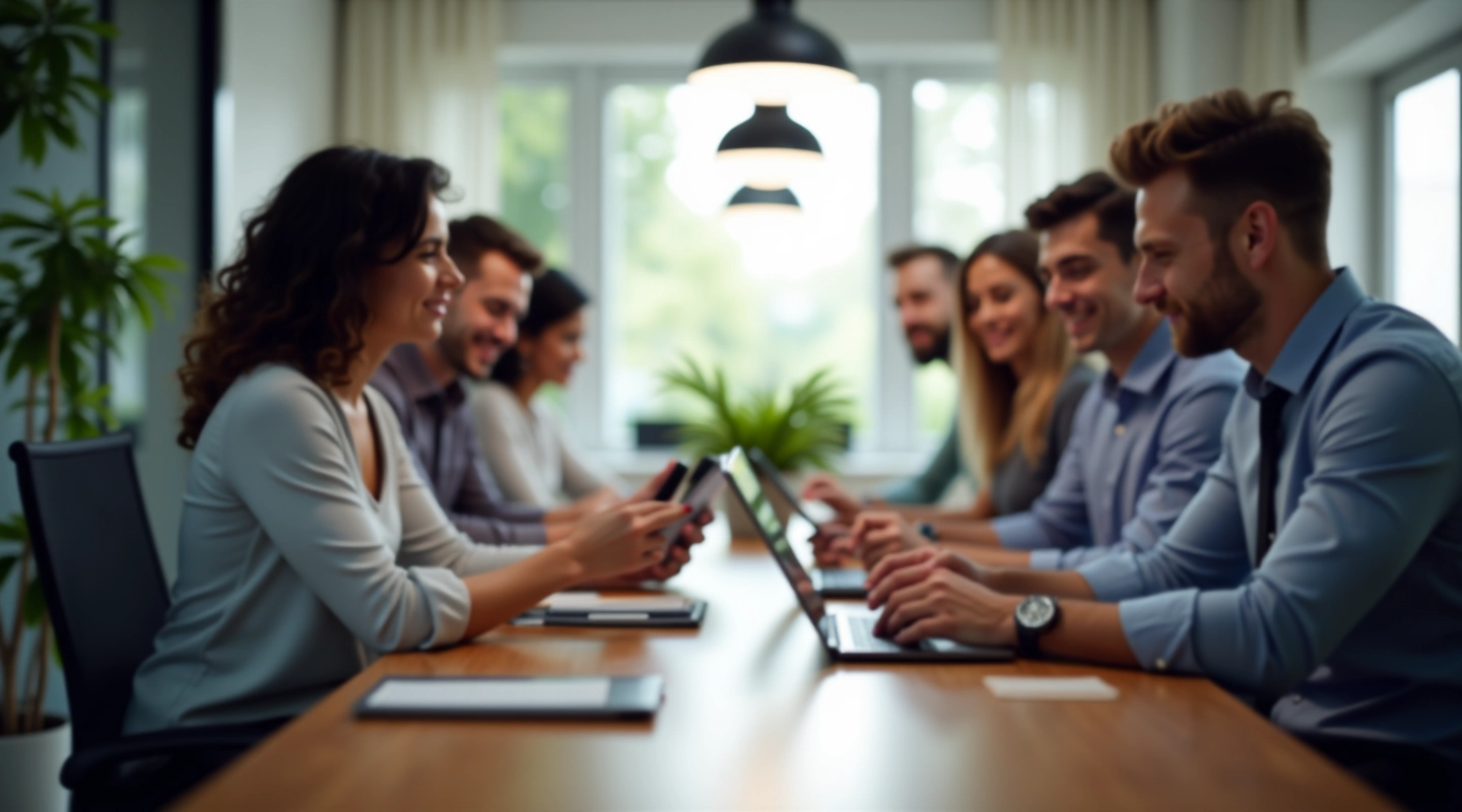 Modern office workspace with employees using tablets and computers at collaborative table