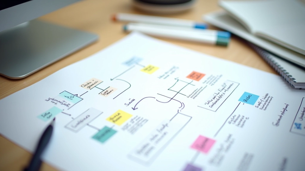 Flowchart diagram printed on paper with process steps and decision points marked with colored markers on office desk