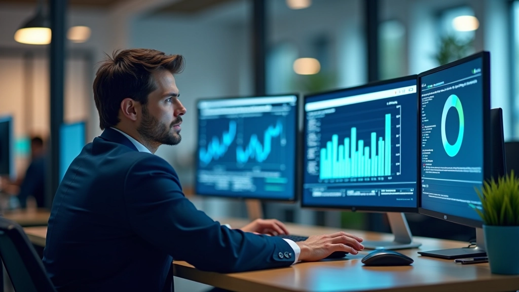 Person sitting at desk reviewing analytics dashboards on dual monitors